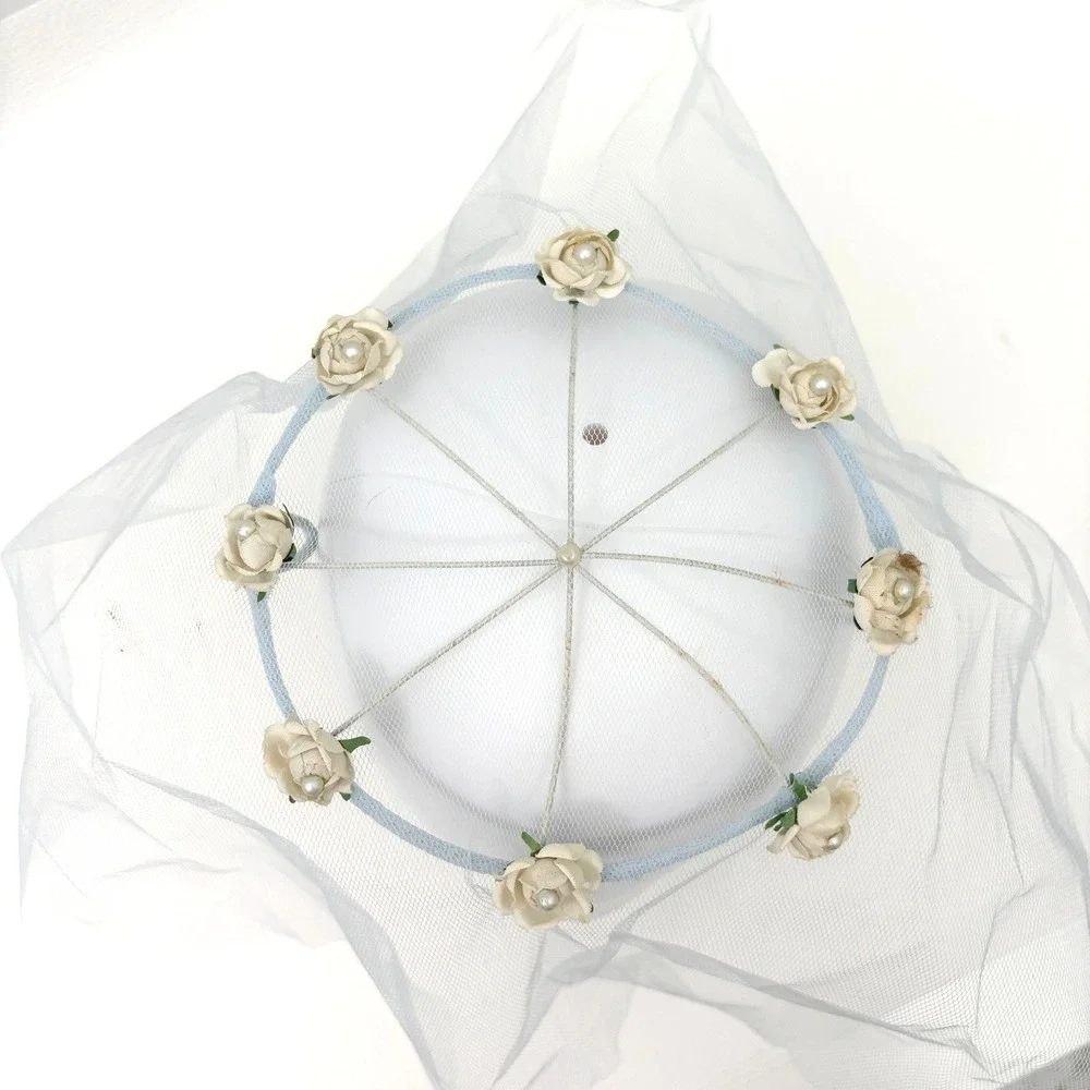 Vintage Birdcage Veil Floral Faux Pearl Wedding Headpiece Blue